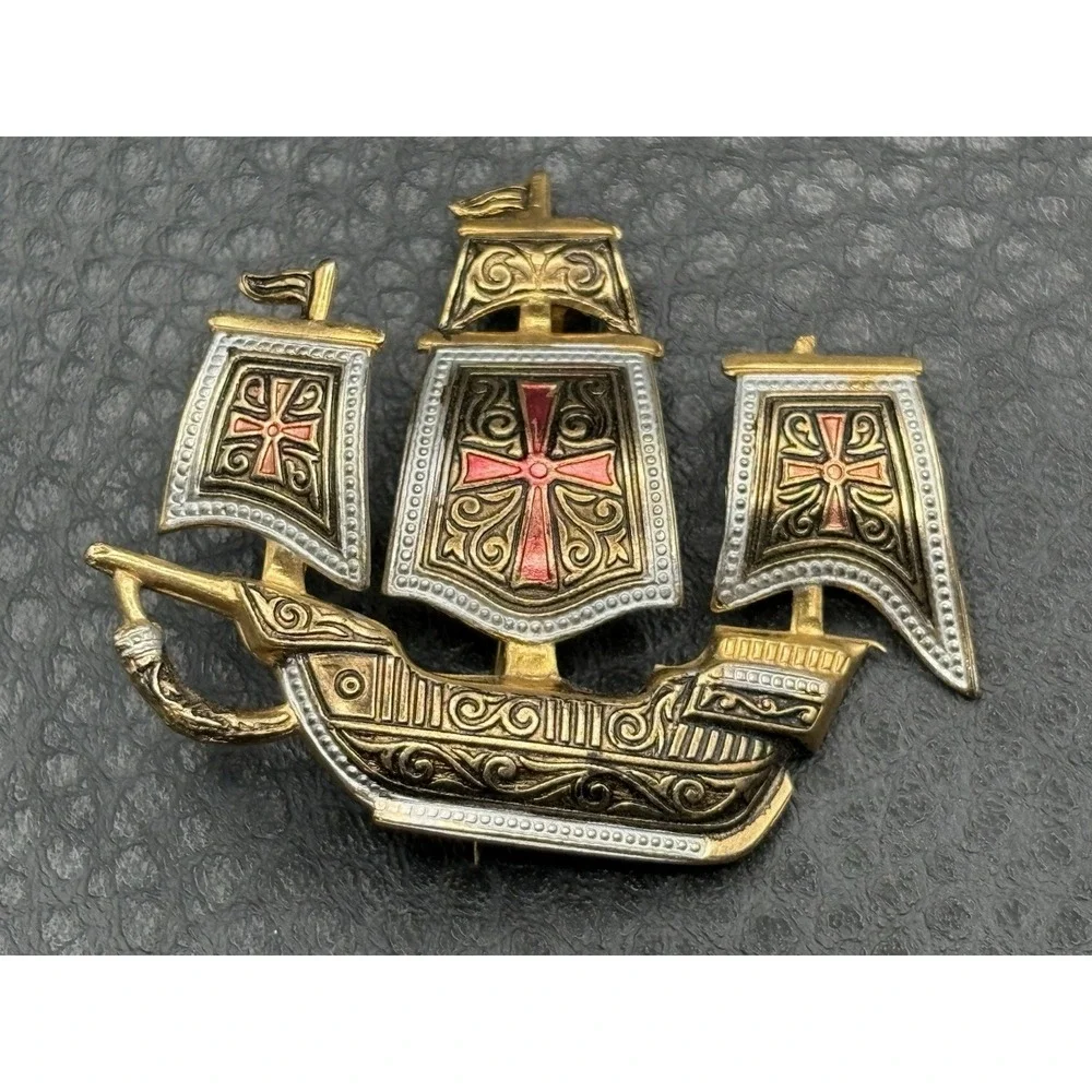 Vintage Spanish Damascene Galleon Ship Cross Brooch Pin Toledo Spain Red Enamel